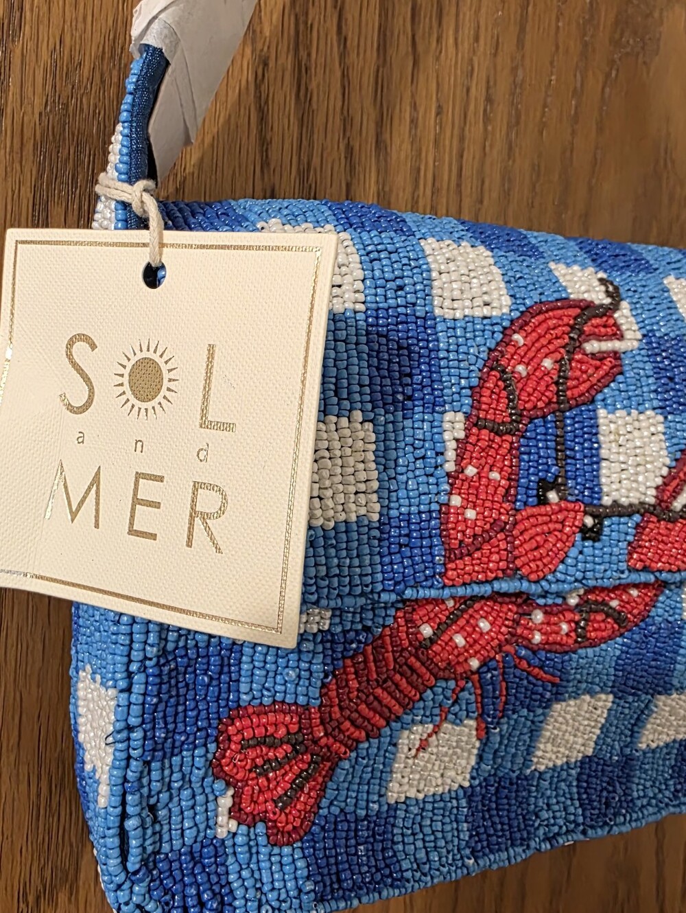 SOL AND MER BEADED CHECKERED "LOBSTER" SUMMER SHOULDER BAG VIRAL - Picture 8 of 14